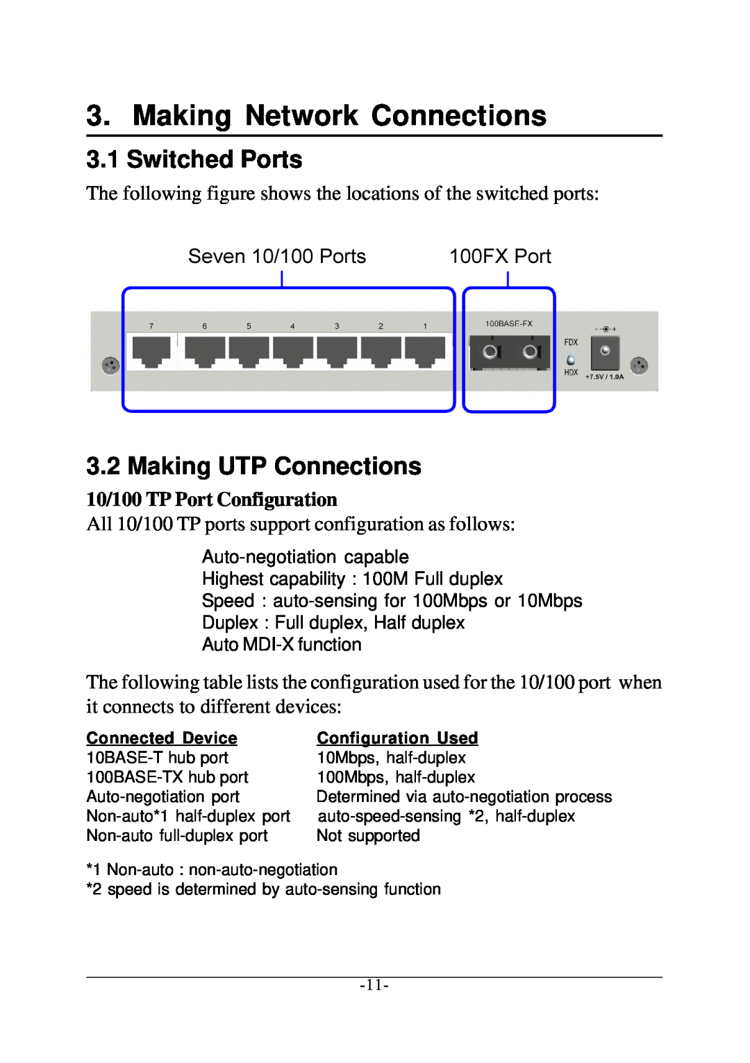 KTI Networks KS-108F manual Making Network Connections, Switched Ports, Making UTP Connections 