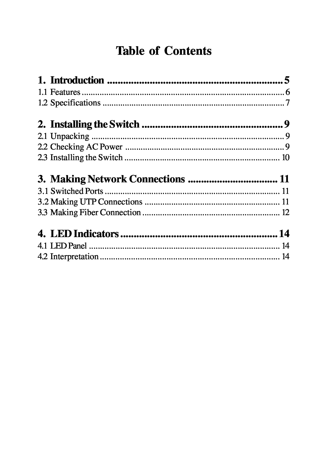 KTI Networks KS-108F manual Making Network Connections, LED Indicators, Table of Contents, Installing the Switch 