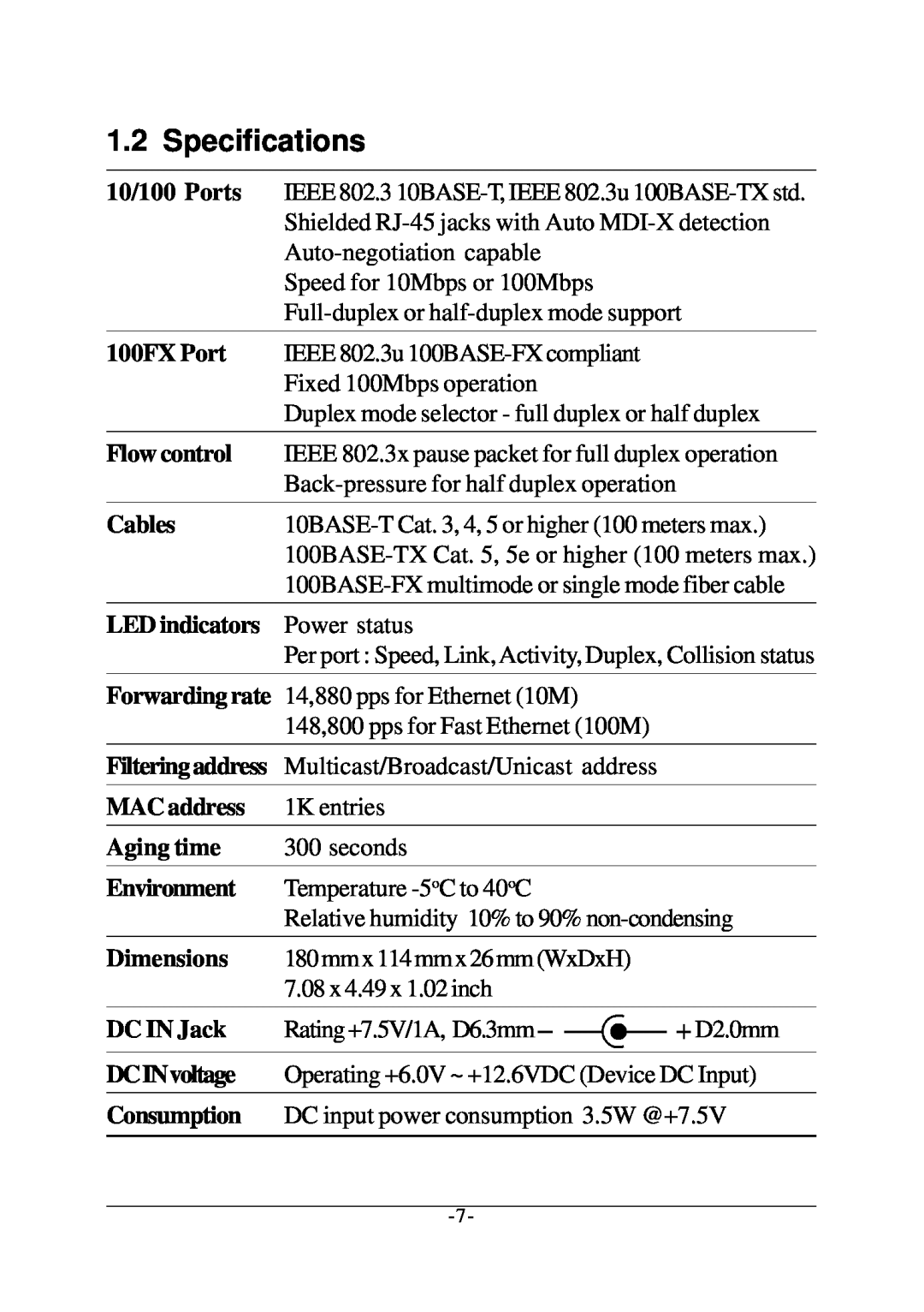 KTI Networks KS-108F manual Specifications 