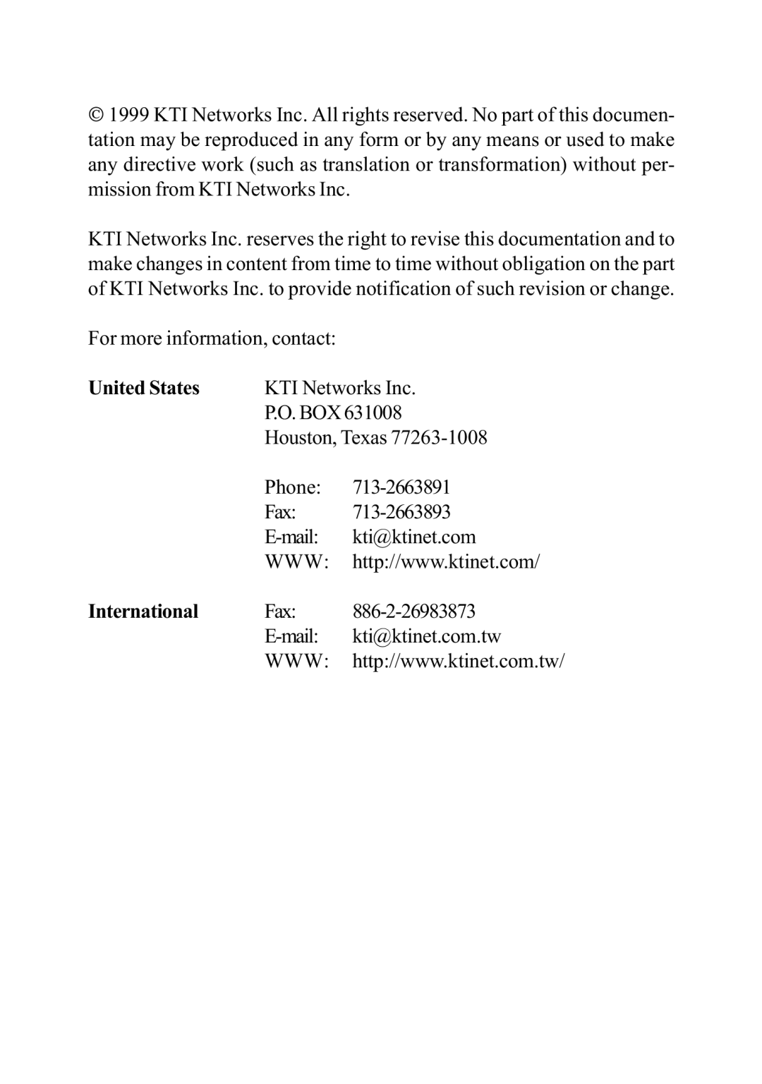 KTI Networks KS-115F Series manual Houston, Texas 