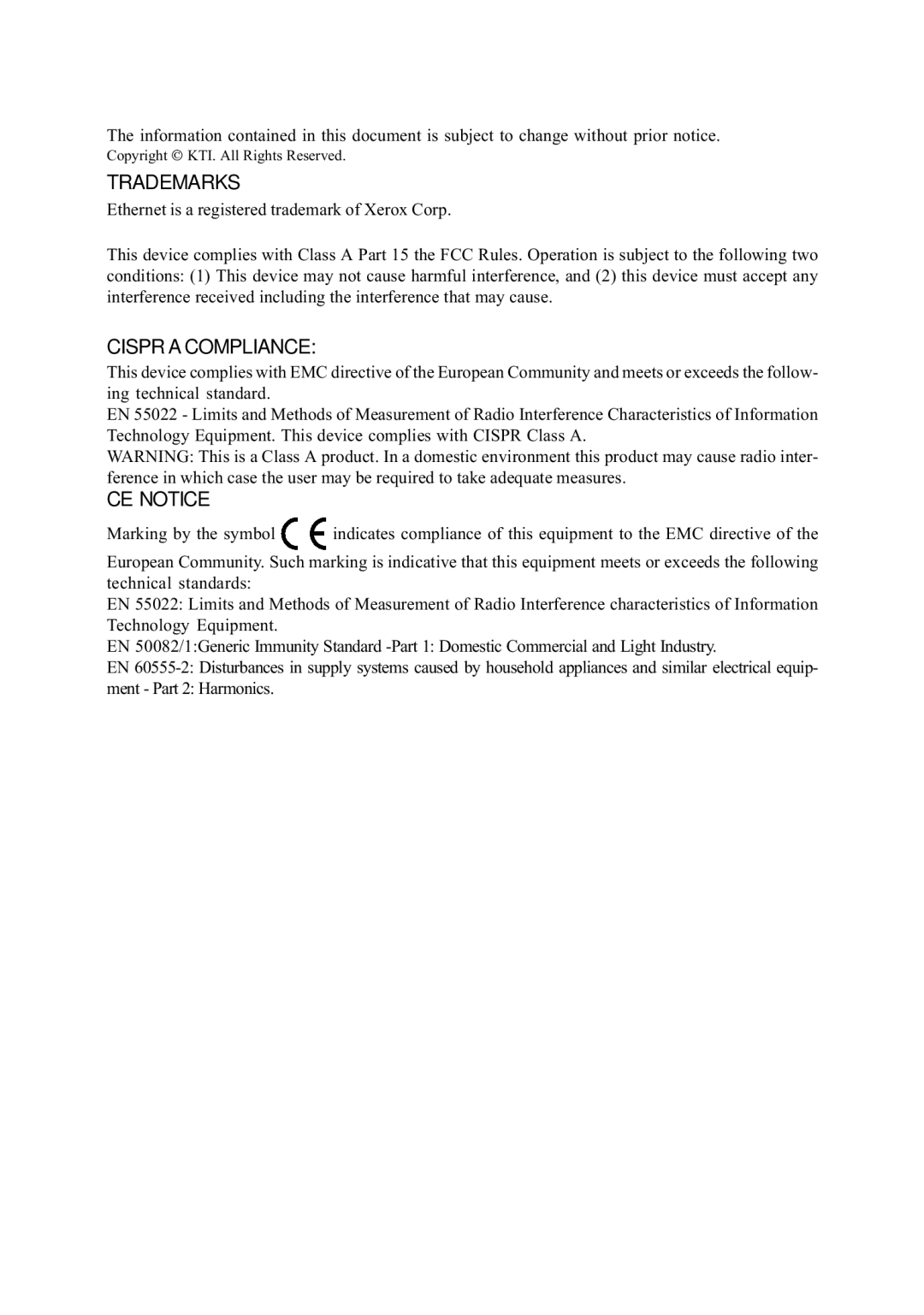 KTI Networks KS-115F Series manual Trademarks 