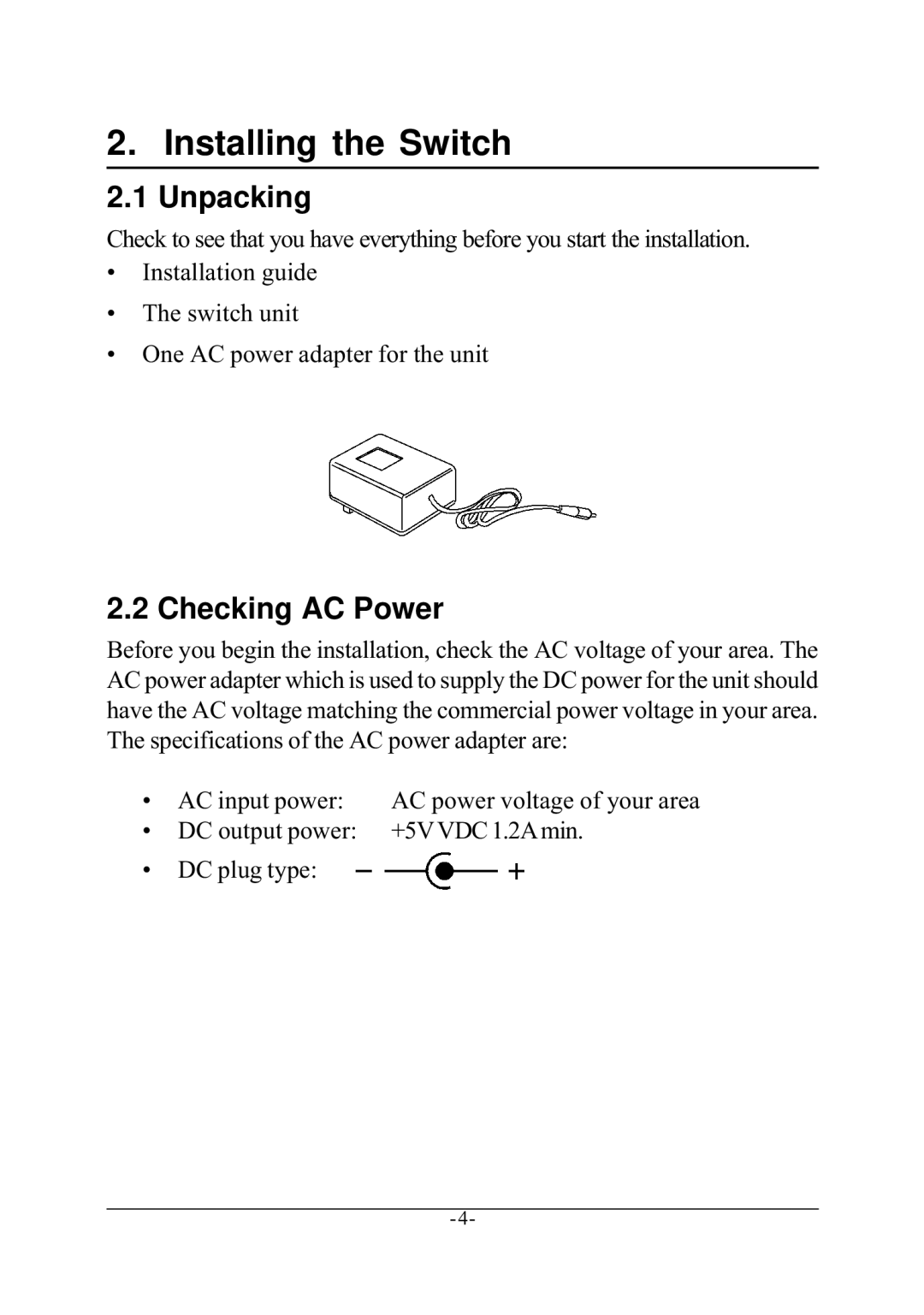 KTI Networks KS-115F Series manual Installing the Switch, Unpacking, Checking AC Power 