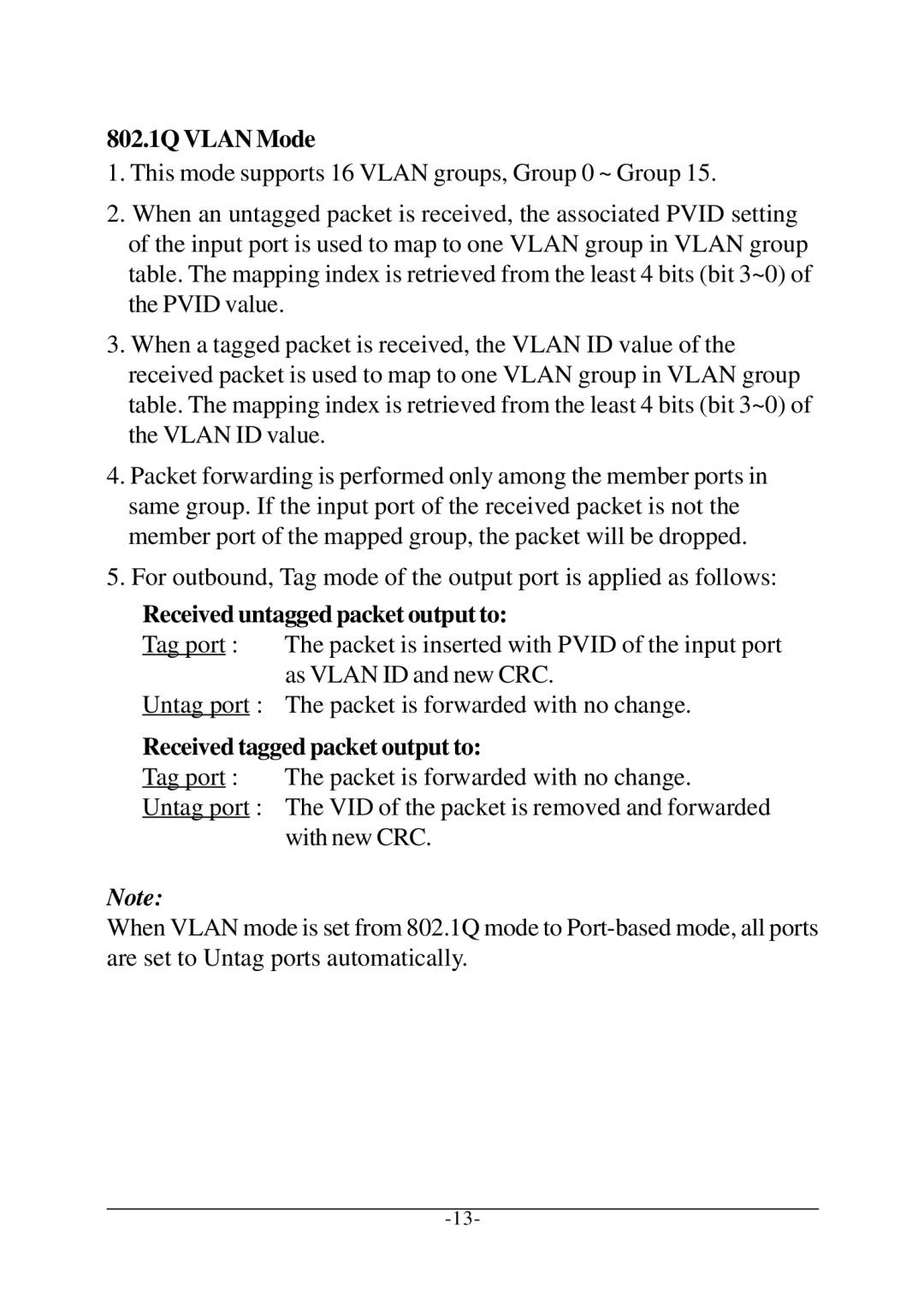 KTI Networks KS-117FM-V, KS-115FM-V 802.1Q Vlan Mode, Received untagged packet output to, Received tagged packet output to 