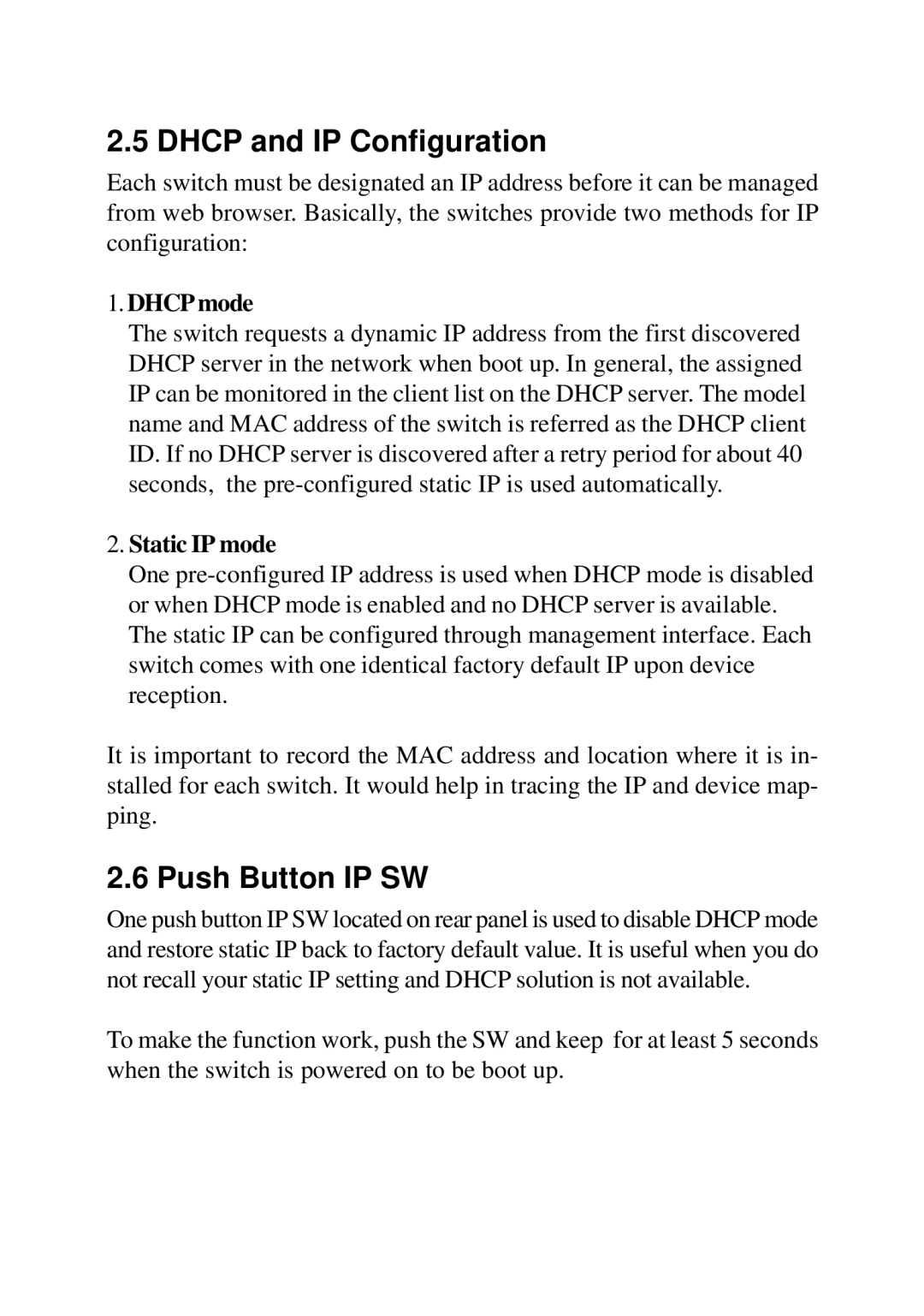 KTI Networks KS-117FM-V, KS-115FM-V manual Dhcp and IP Configuration, Push Button IP SW, Dhcp mode, Static IP mode 