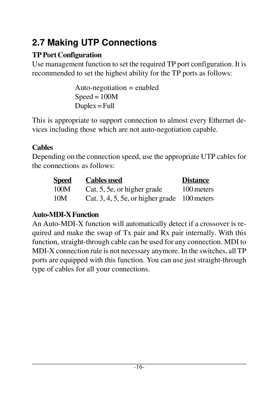 KTI Networks KS-115FM-V Making UTP Connections, TP Port Configuration, Speed Cables used Distance, Auto-MDI-X Function 