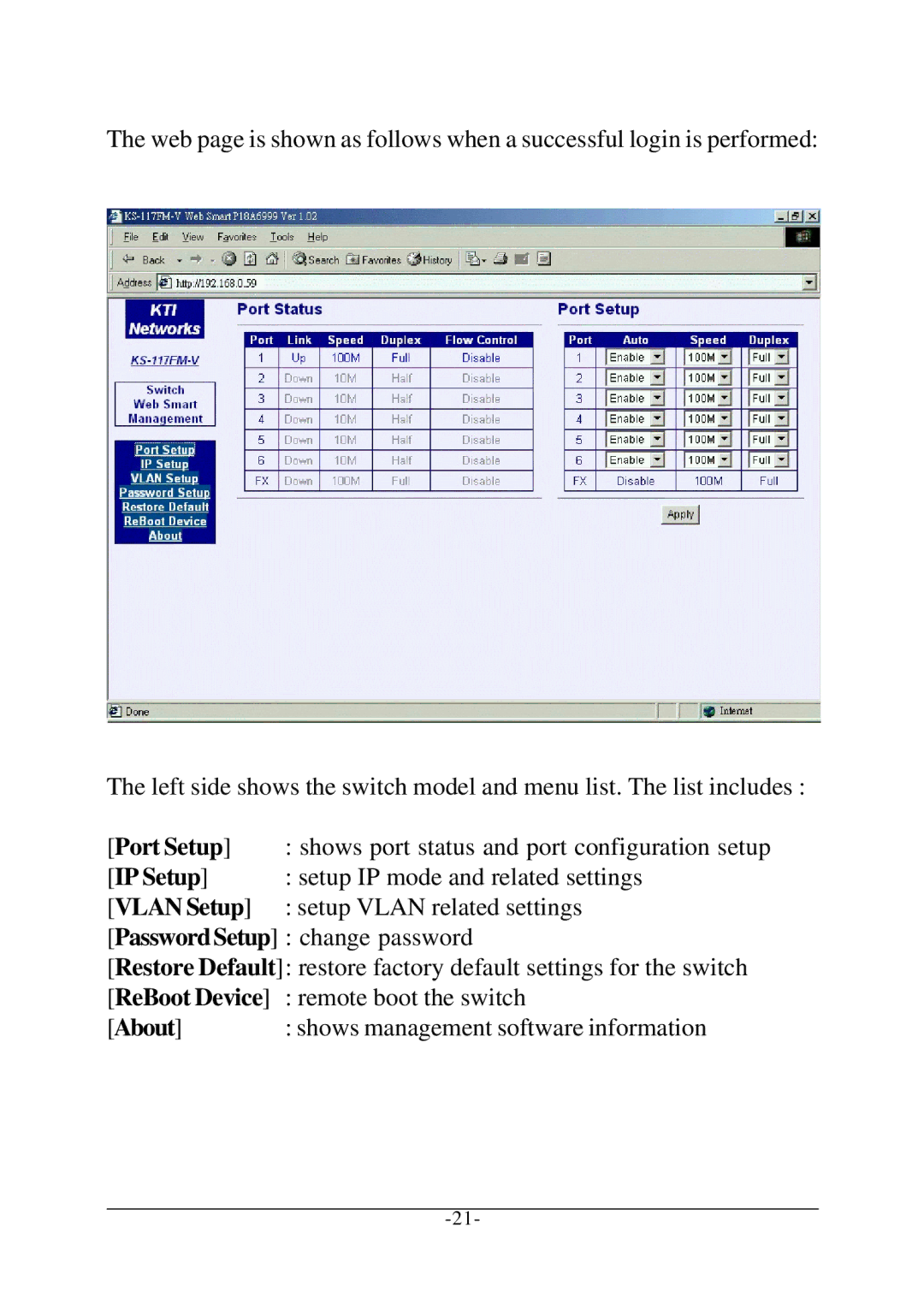 KTI Networks KS-117FM-V, KS-115FM-V manual Port Setup, IP Setup, Vlan Setup, ReBoot Device, About 