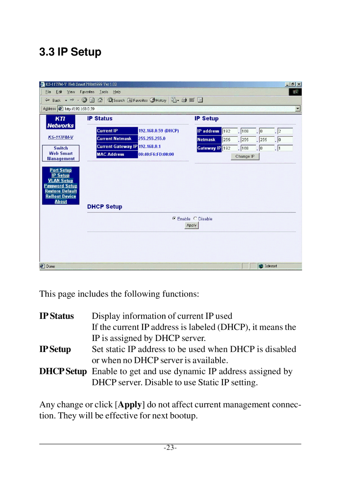 KTI Networks KS-117FM-V, KS-115FM-V manual IP Setup 