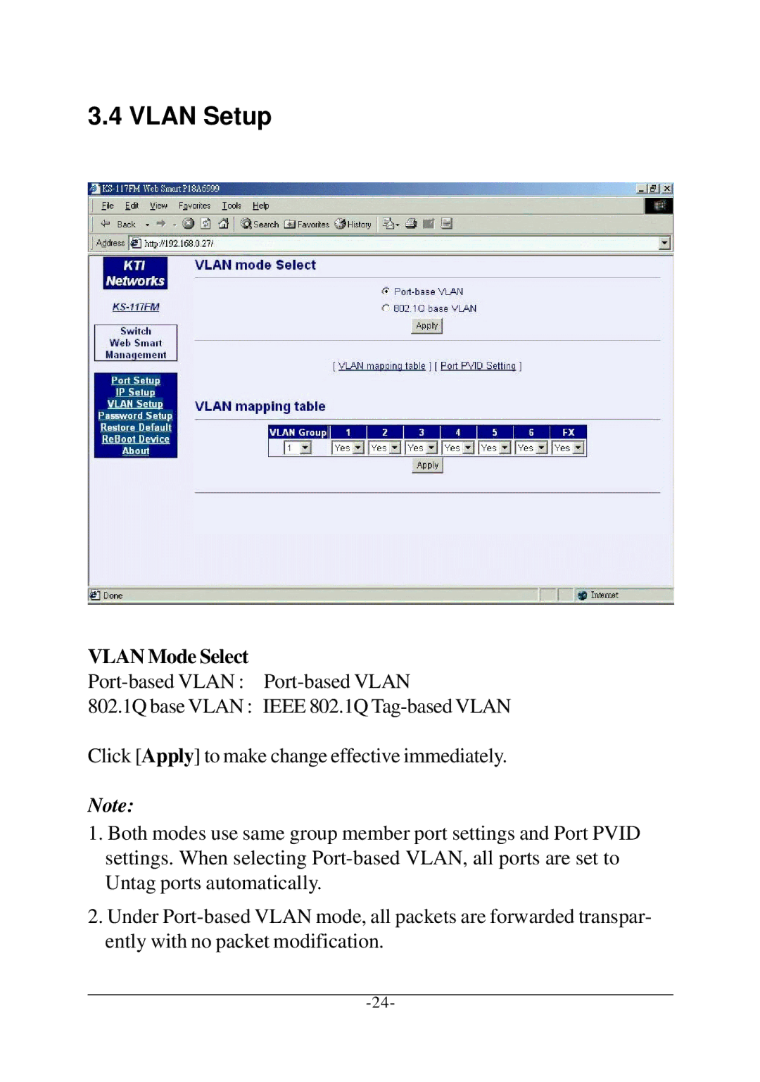 KTI Networks KS-115FM-V, KS-117FM-V manual Vlan Setup, Vlan Mode Select 