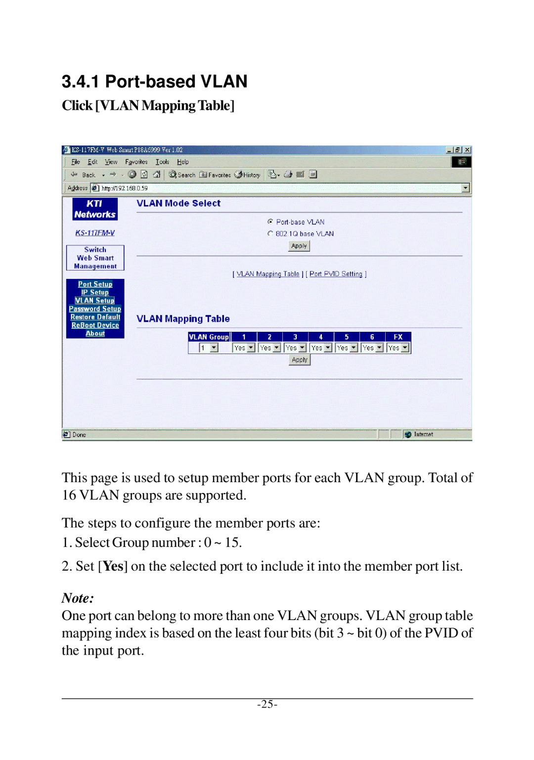 KTI Networks KS-117FM-V, KS-115FM-V manual Port-based Vlan, Click Vlan Mapping Table 