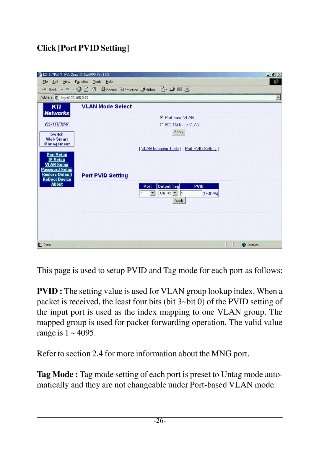 KTI Networks KS-115FM-V, KS-117FM-V manual Click Port Pvid Setting 