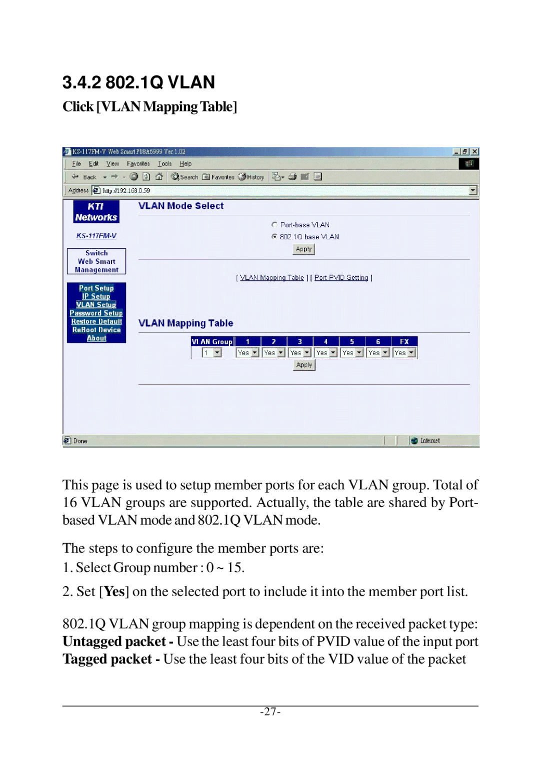 KTI Networks KS-117FM-V, KS-115FM-V manual 2 802.1Q Vlan 