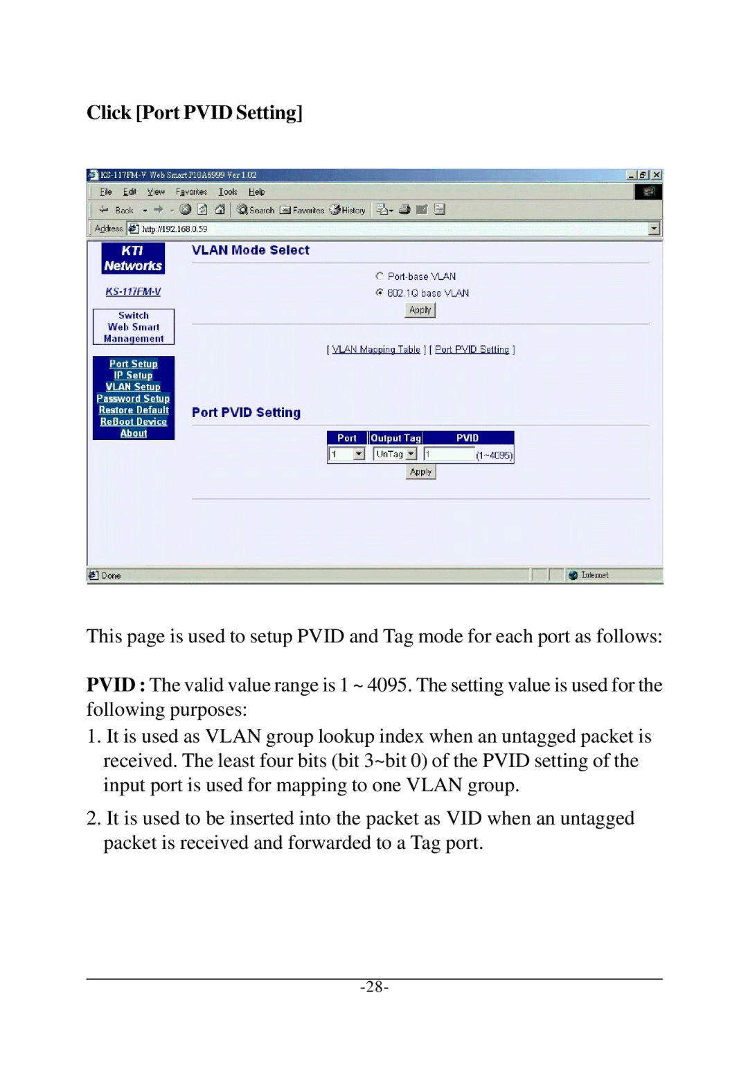 KTI Networks KS-115FM-V, KS-117FM-V manual Click Port Pvid Setting 