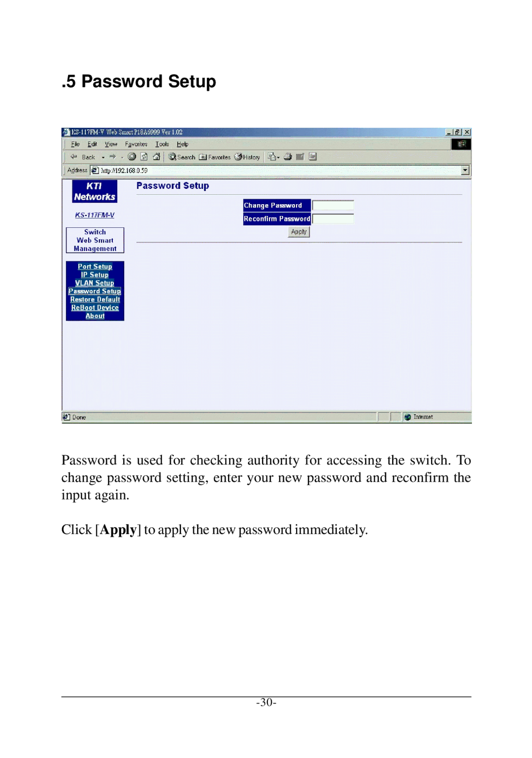 KTI Networks KS-115FM-V, KS-117FM-V manual Password Setup 