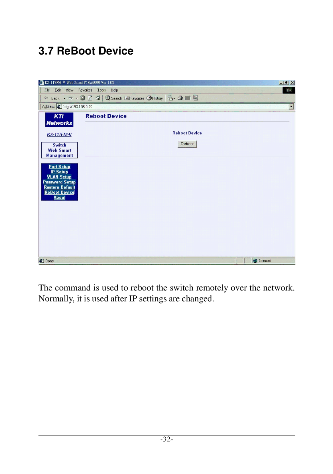 KTI Networks KS-115FM-V, KS-117FM-V manual ReBoot Device 