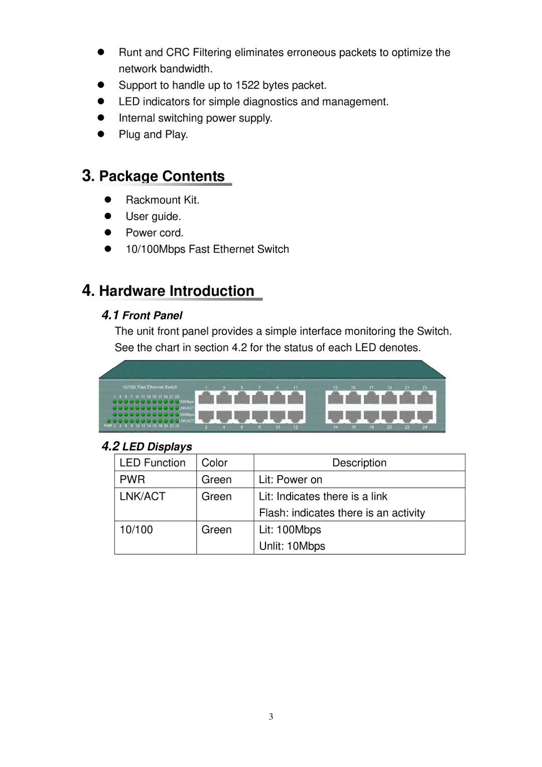 KTI Networks 24-Port 10/100 Workgroup Switch, KS-124 Package Contents, Hardware Introduction, Front Panel, LED Displays 