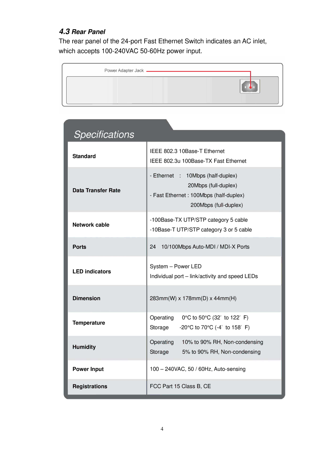 KTI Networks KS-124, 24-Port 10/100 Workgroup Switch manual Specifications, Rear Panel 