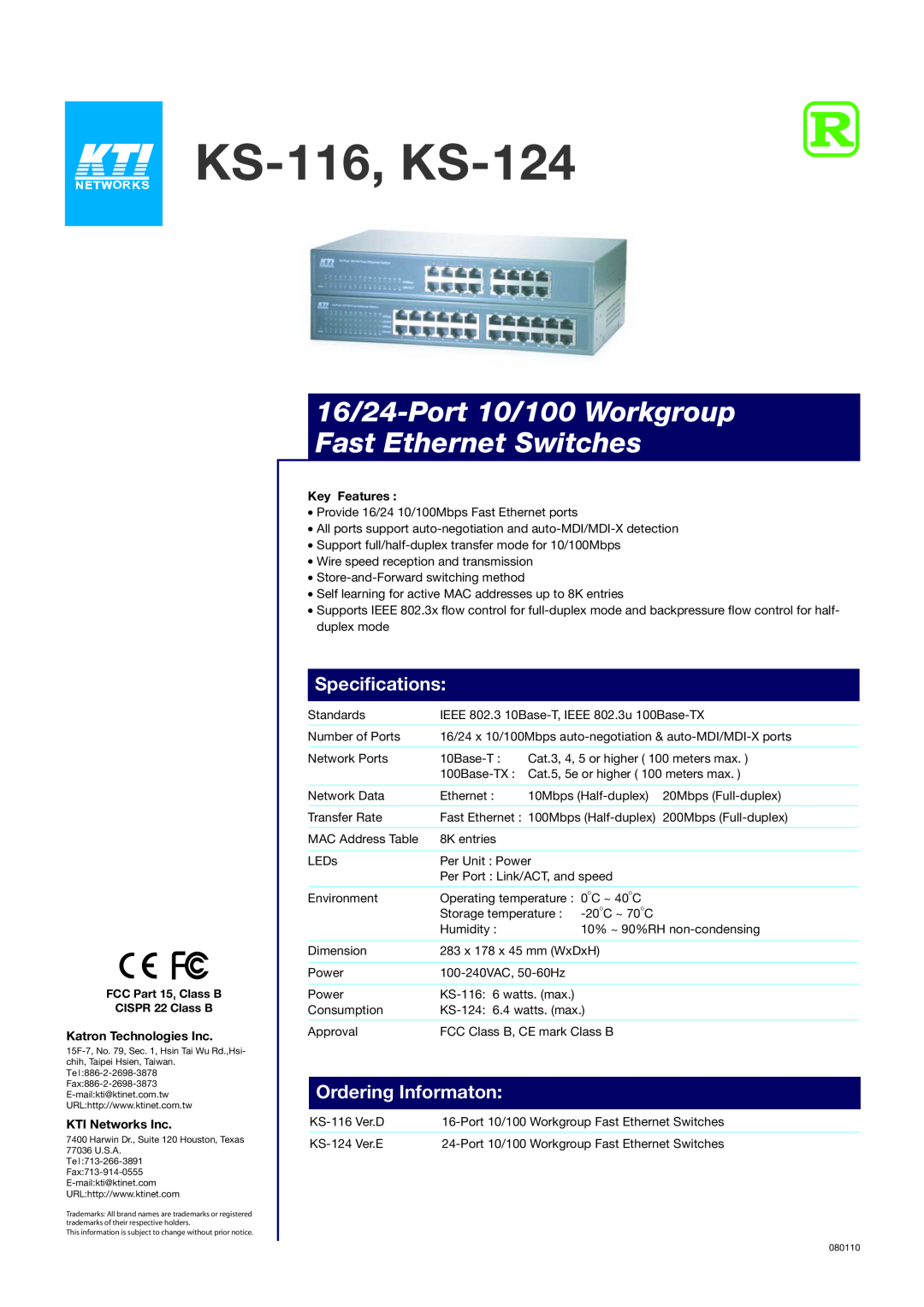 KTI Networks specifications KS-116, KS-124, 16/24-Port 10/100 Workgroup Fast Ethernet Switches, Specifications 