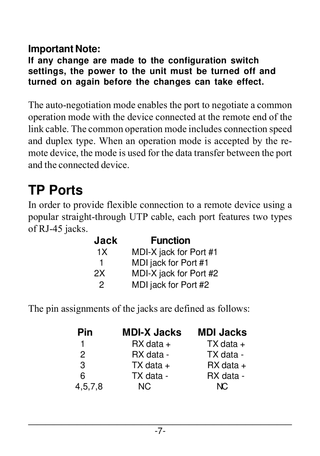 KTI Networks KS-220F/T manual TP Ports, Important Note, Jack Function, Pin assignments of the jacks are defined as follows 