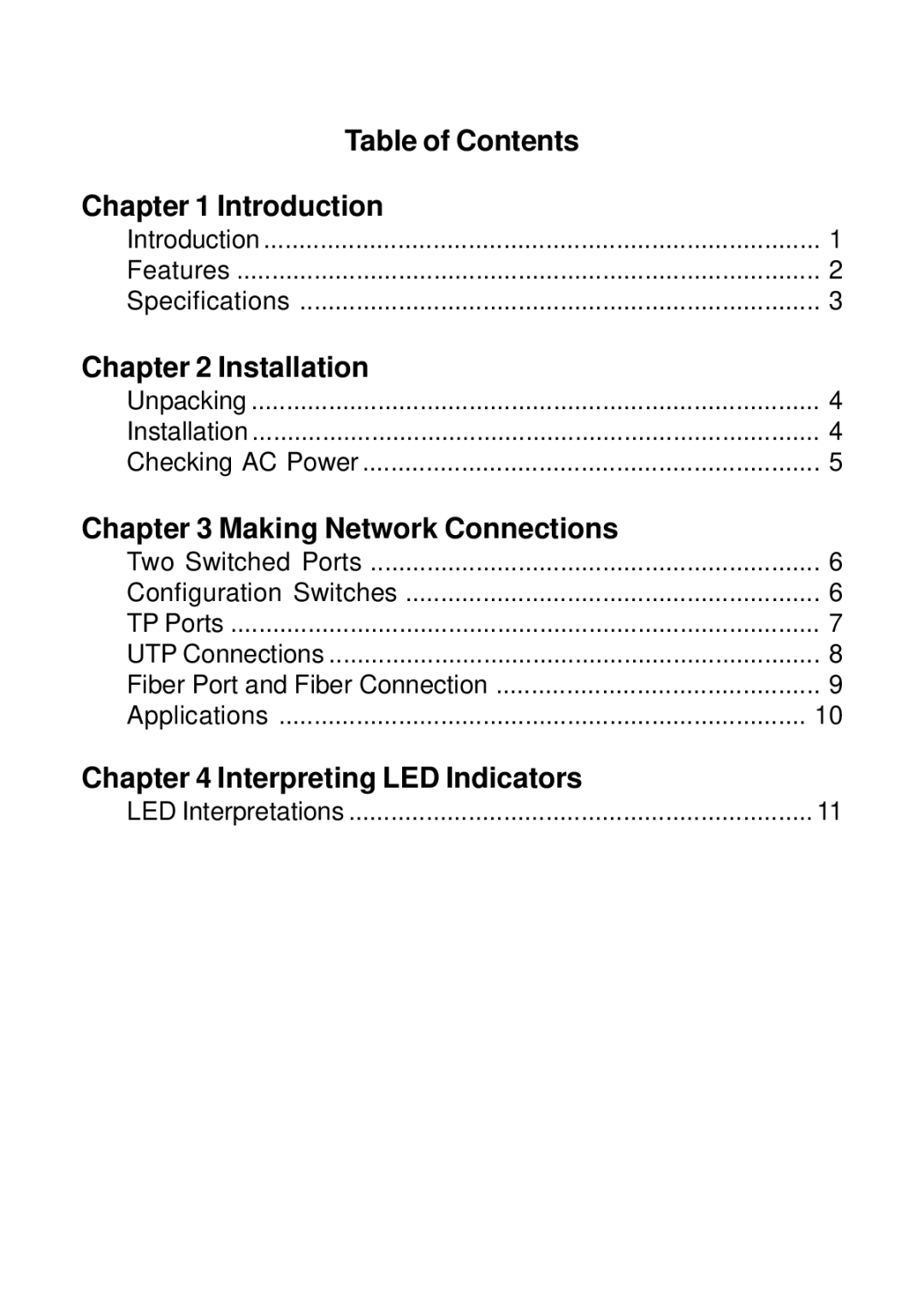 KTI Networks KS-220F/S-5, KS-220F/S-A, KS-220F/S-3 Table of Contents Introduction, Installation, Making Network Connections 