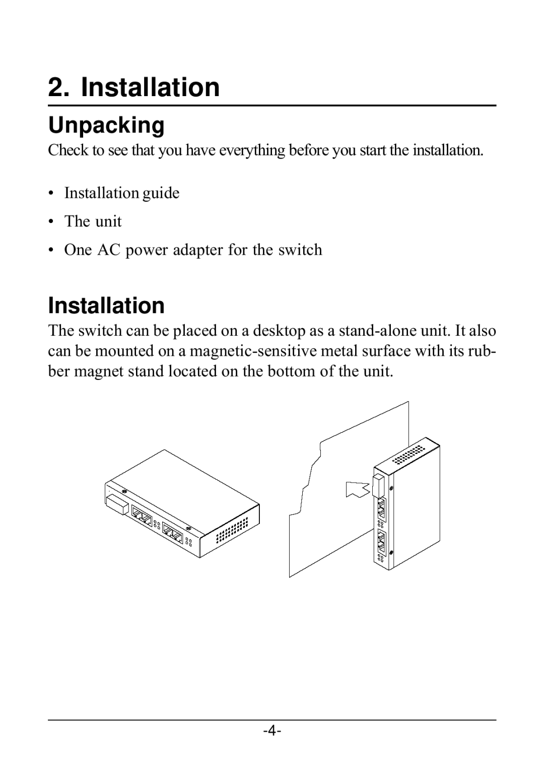 KTI Networks KS-220F/S-A, KS-220F/S-3 manual Unpacking, Installation guide Unit One AC power adapter for the switch 