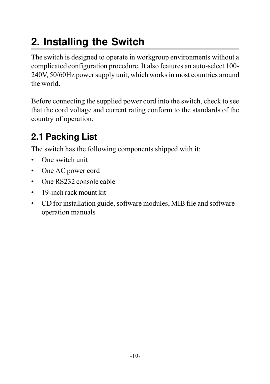 KTI Networks KS-2240 manual Installing the Switch, Packing List 