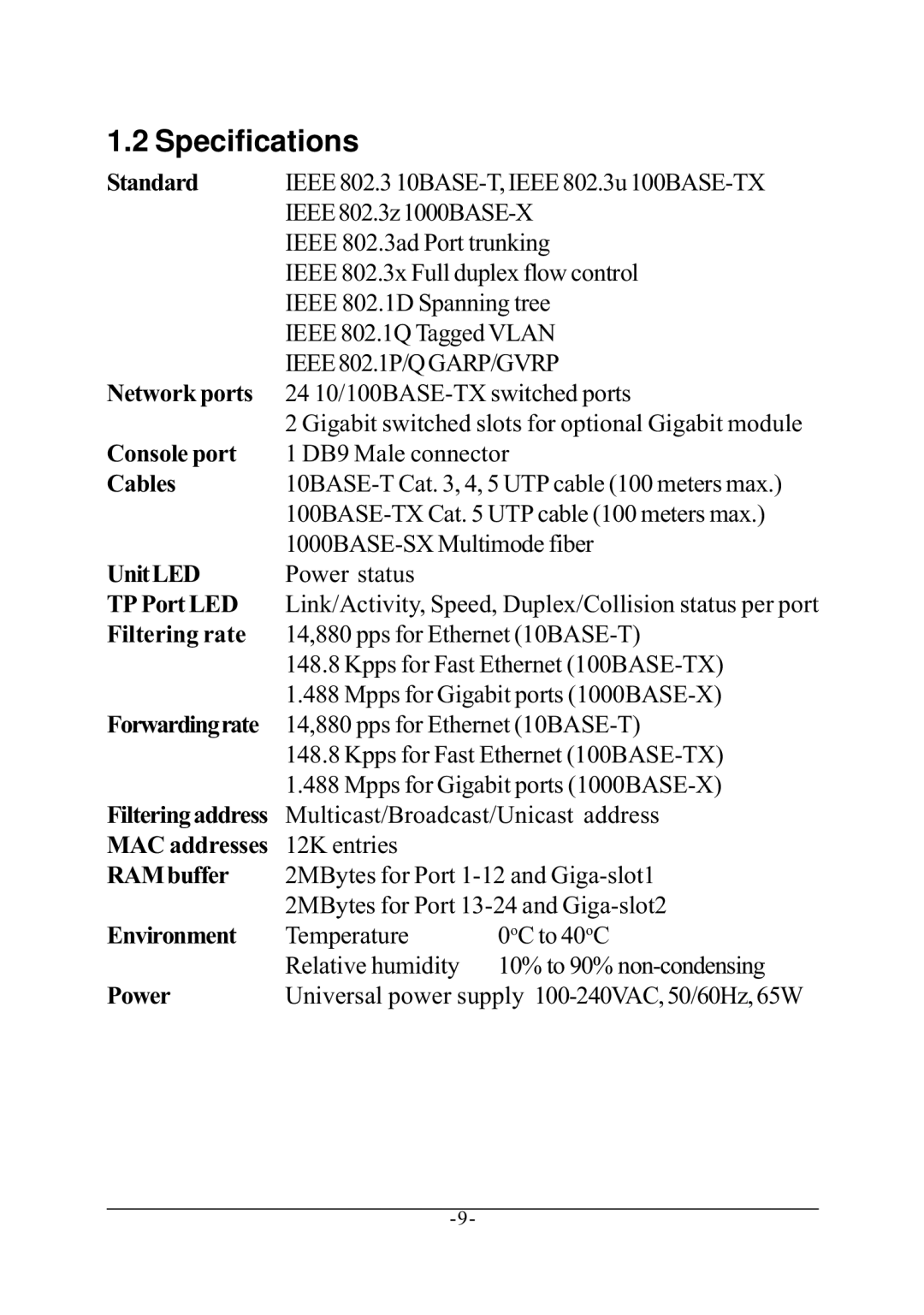 KTI Networks KS-2240 manual Specifications 