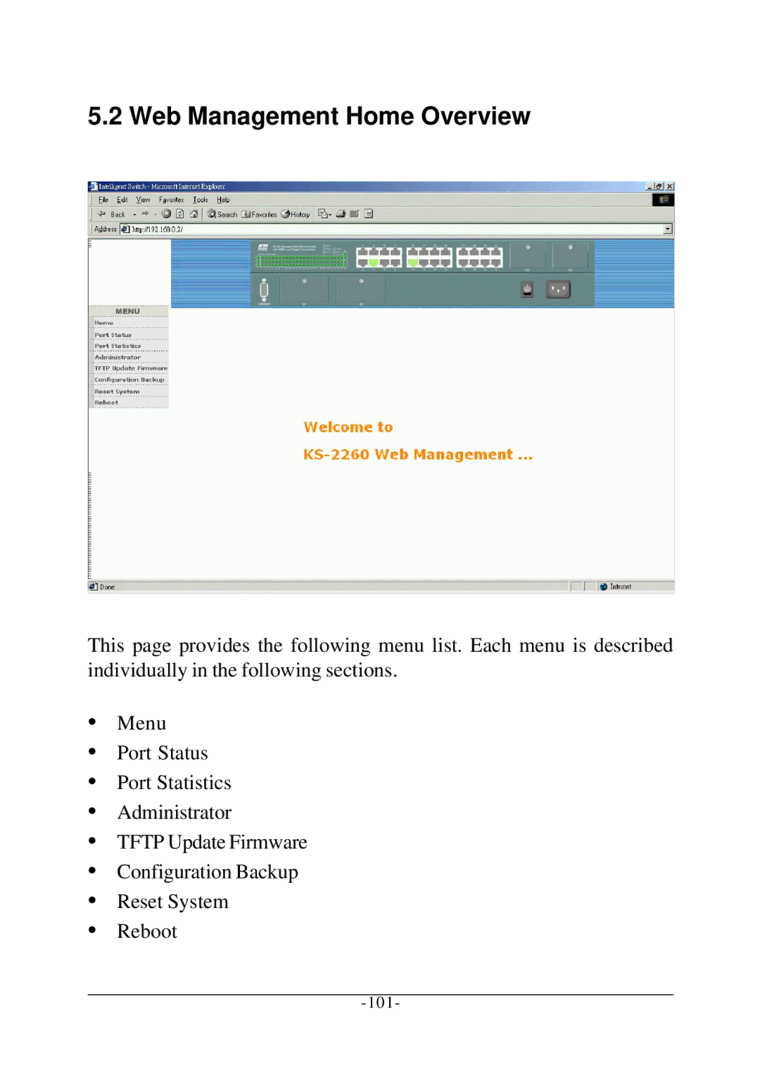 KTI Networks KS-2260 operation manual Web Management Home Overview 