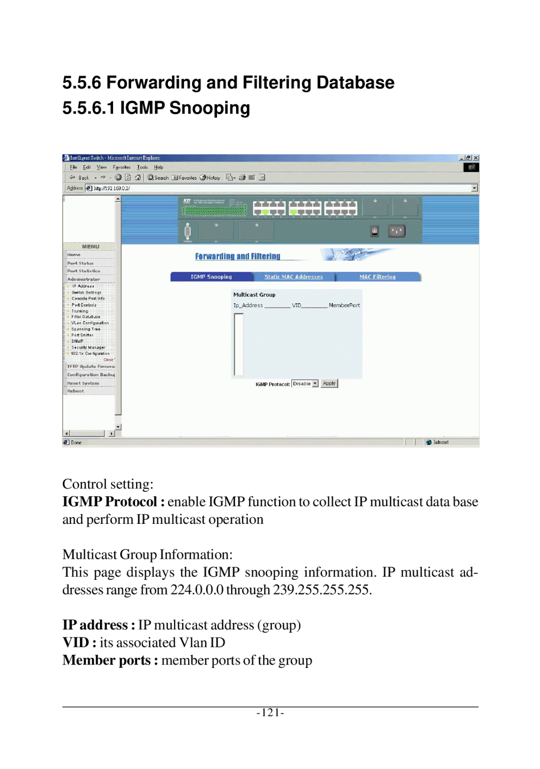 KTI Networks KS-2260 operation manual Forwarding and Filtering Database 5.5.6.1 Igmp Snooping 