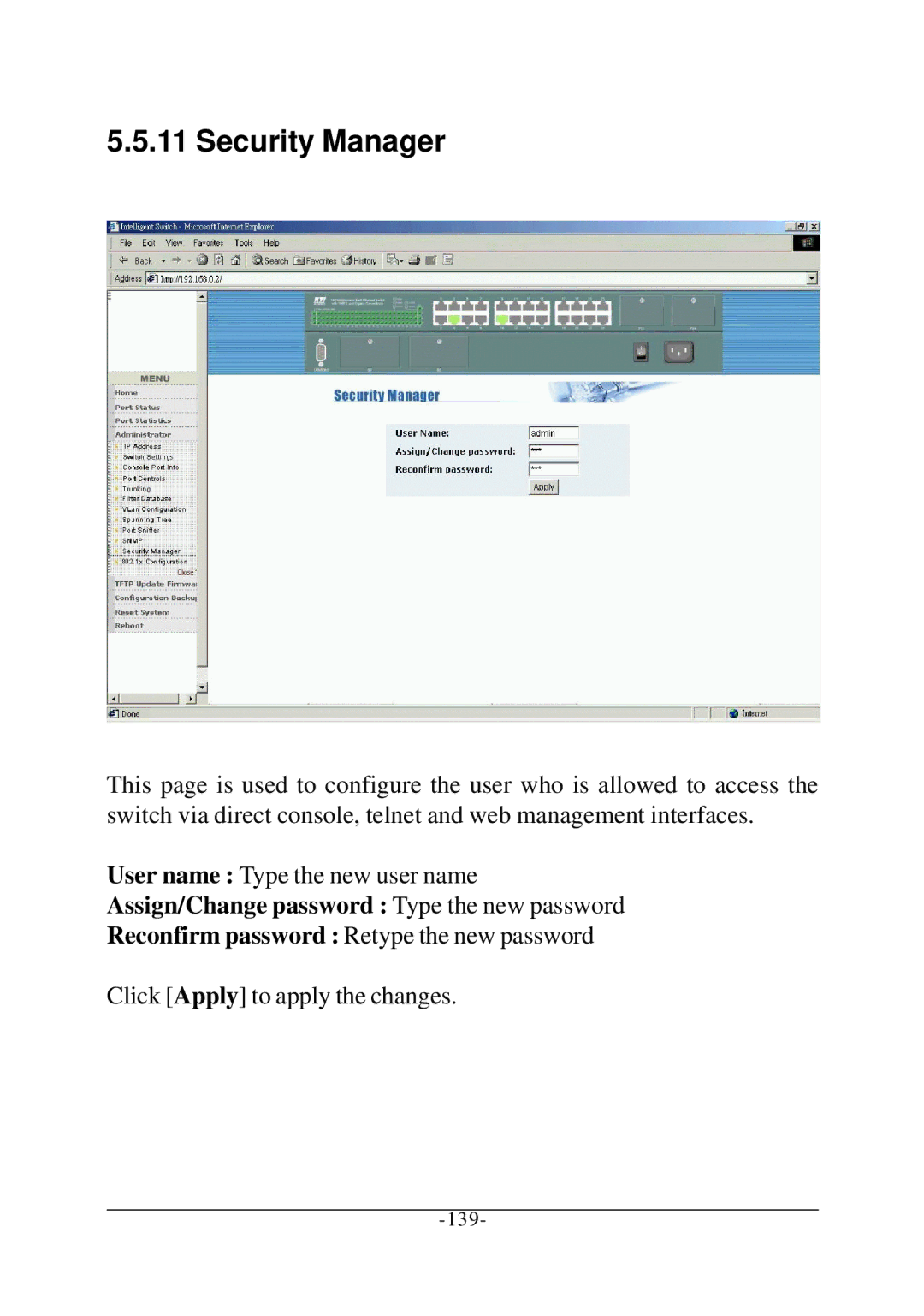 KTI Networks KS-2260 operation manual Security Manager, Assign/Change password Type the new password 