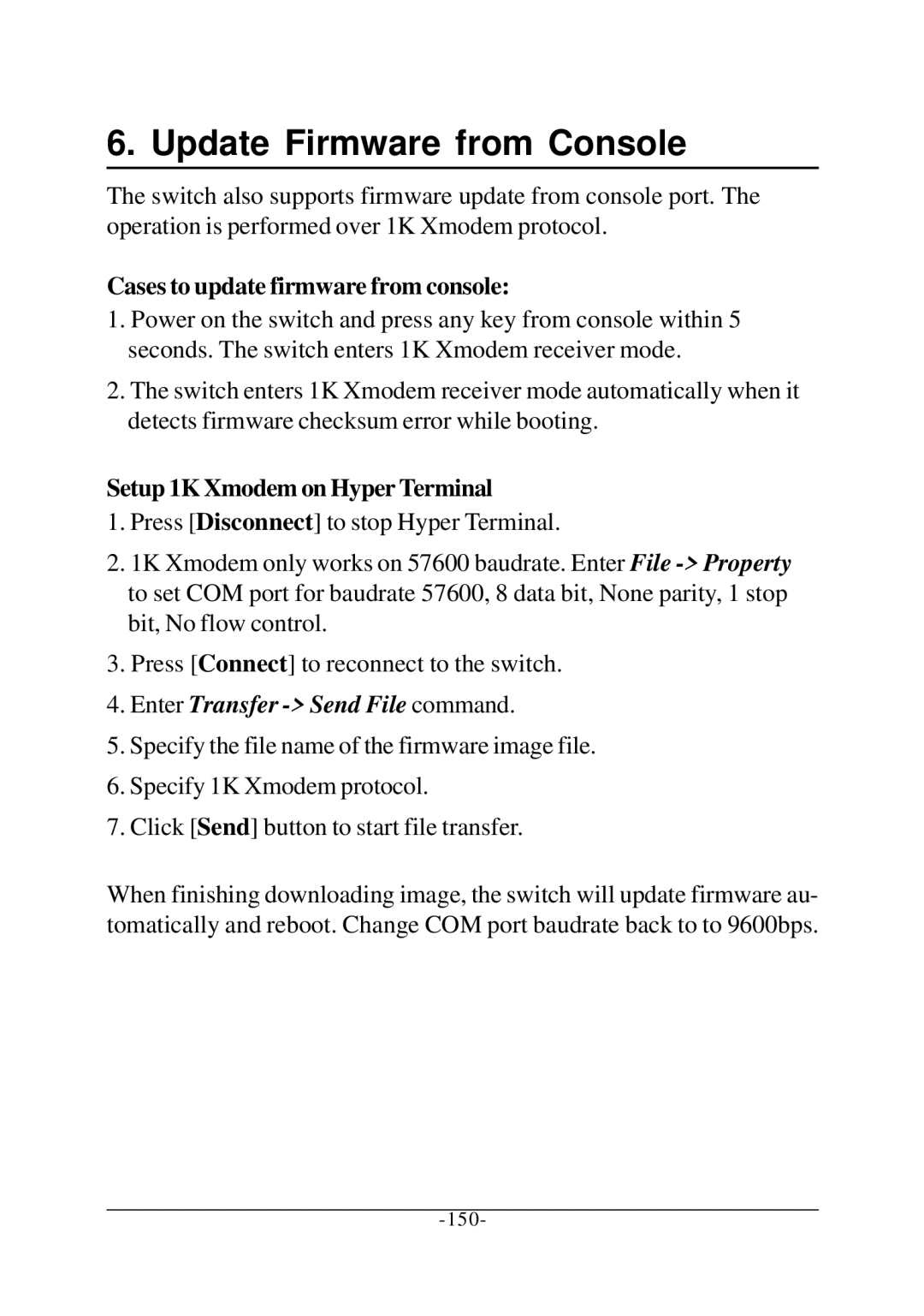 KTI Networks KS-2260 operation manual Cases to update firmware from console, Setup 1K Xmodem on Hyper Terminal 