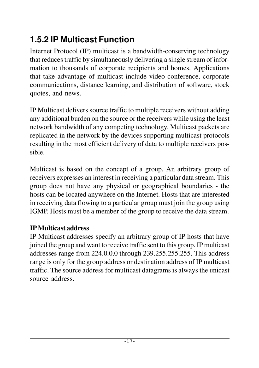 KTI Networks KS-2260 operation manual IP Multicast Function, IP Multicast address 