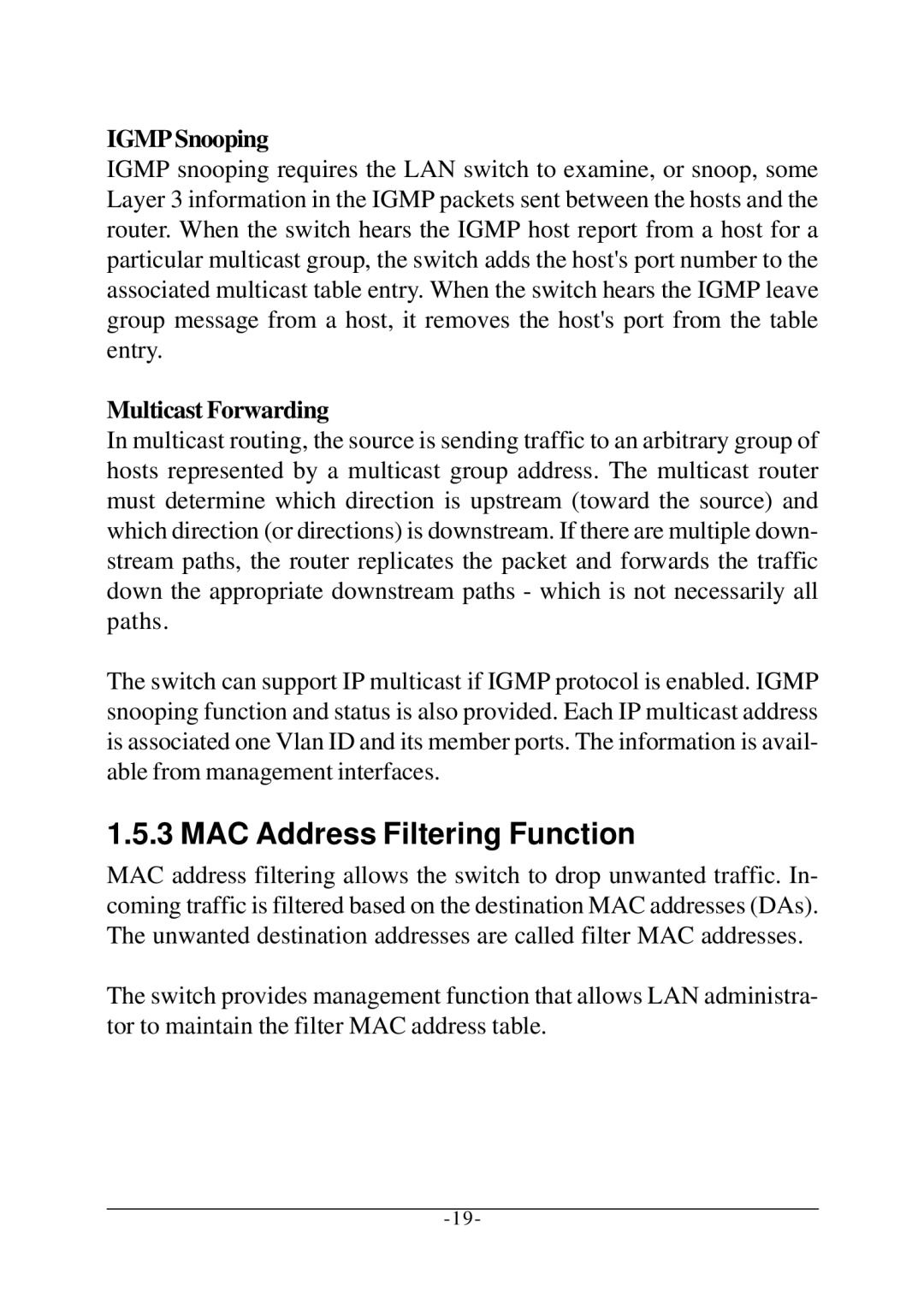 KTI Networks KS-2260 operation manual MAC Address Filtering Function, Igmp Snooping, Multicast Forwarding 