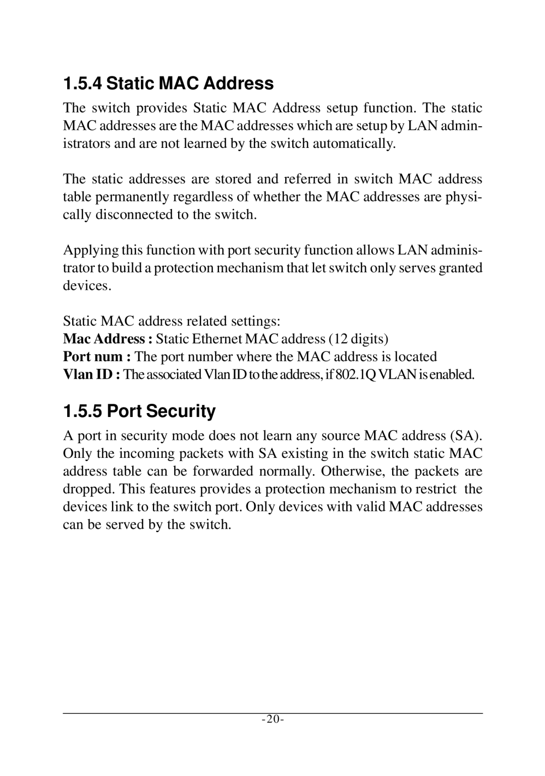 KTI Networks KS-2260 operation manual Static MAC Address, Port Security 
