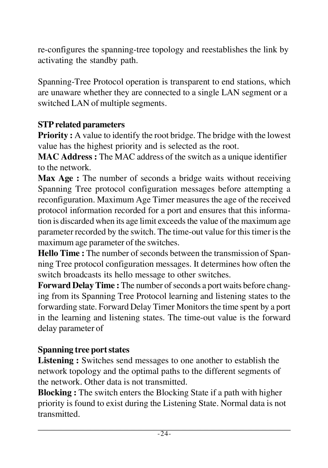 KTI Networks KS-2260 operation manual STP related parameters, Spanning tree port states 