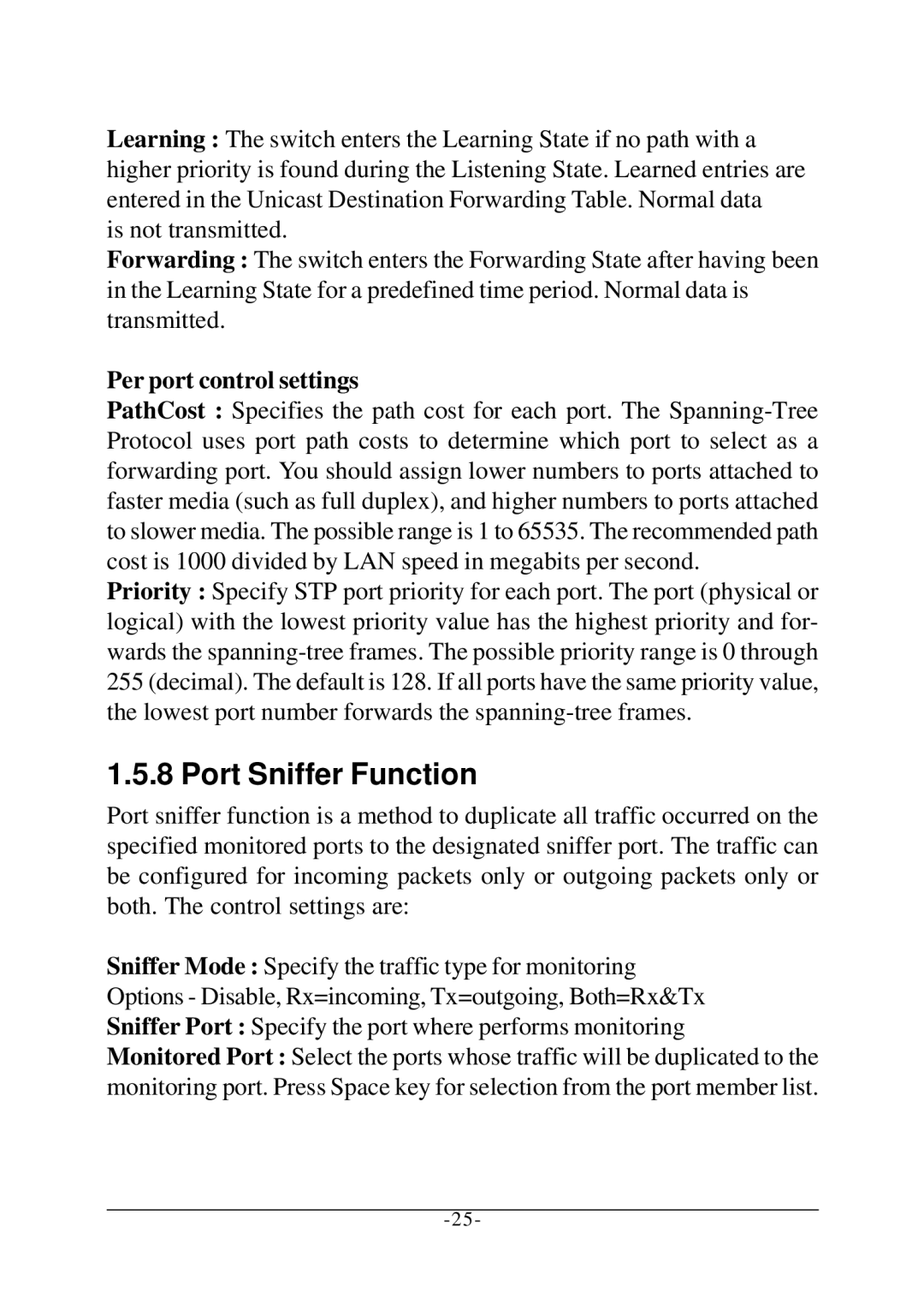 KTI Networks KS-2260 operation manual Port Sniffer Function, Per port control settings 