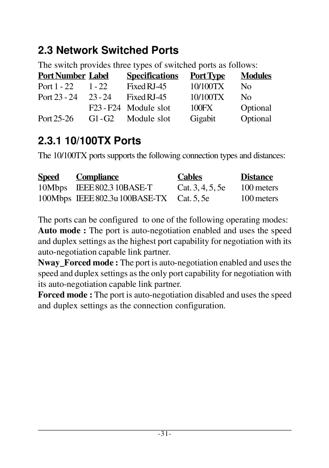 KTI Networks KS-2260 Network Switched Ports, 1 10/100TX Ports, Port Number Label Specifications Port Type Modules 