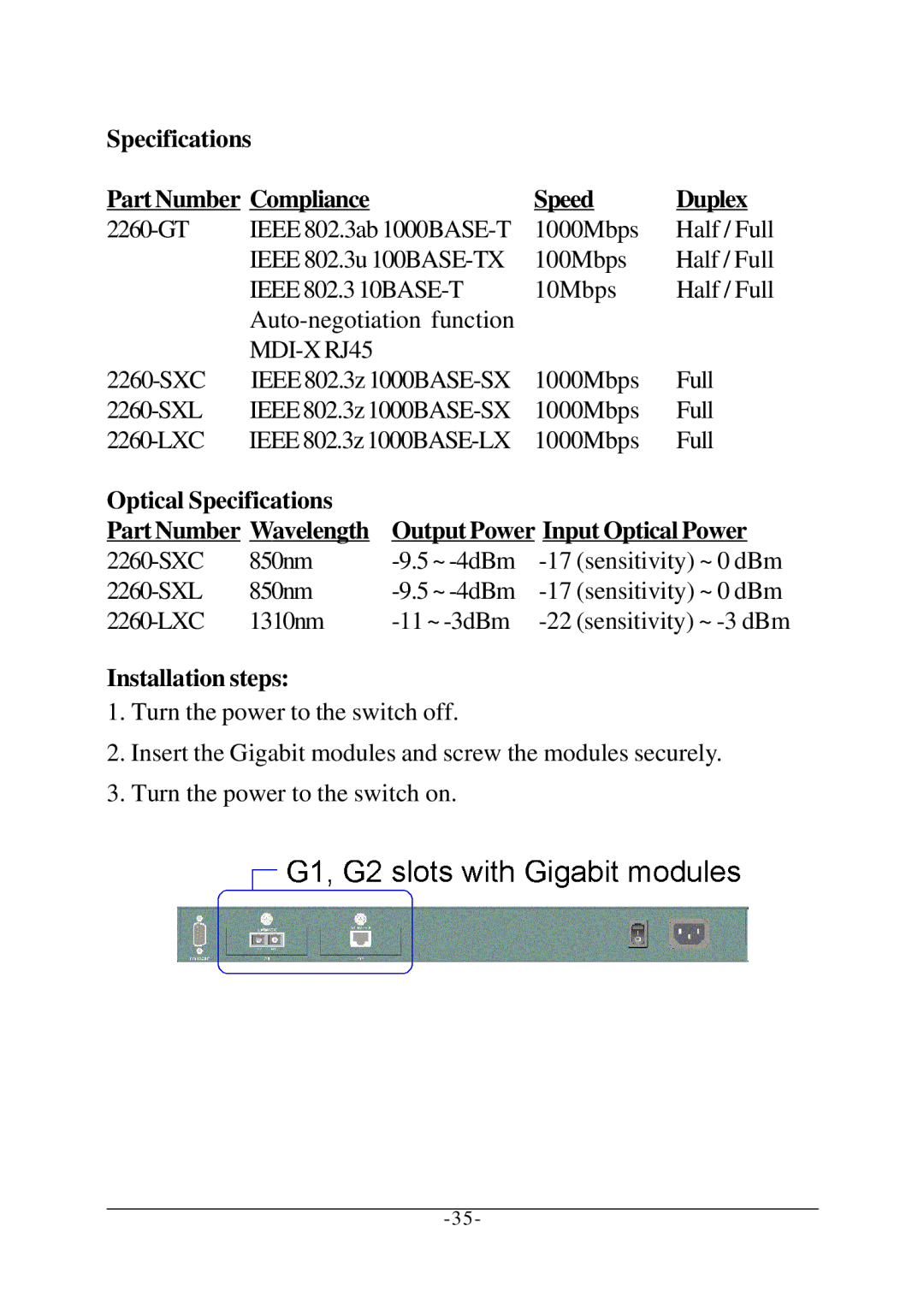 KTI Networks KS-2260 operation manual Specifications Part Number Compliance Speed Duplex 