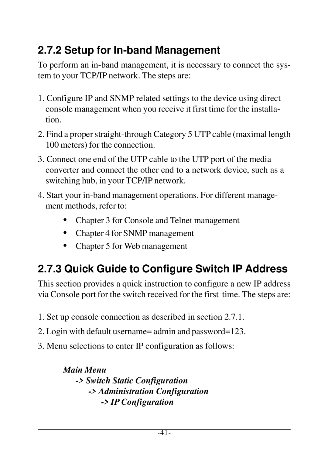 KTI Networks KS-2260 operation manual Setup for In-band Management, Quick Guide to Configure Switch IP Address 