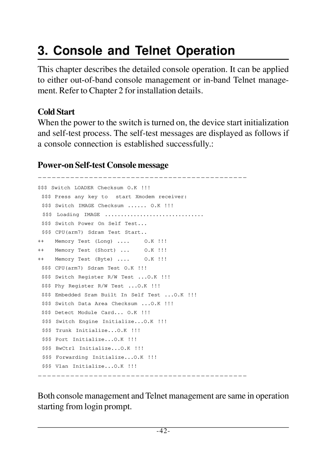 KTI Networks KS-2260 operation manual Cold Start, Power-on Self-test Console message 