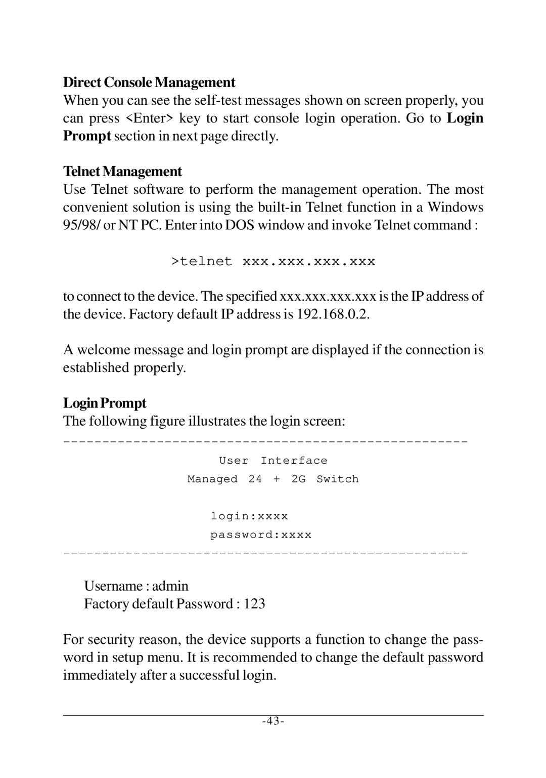 KTI Networks KS-2260 operation manual Direct Console Management, Telnet Management, Login Prompt 