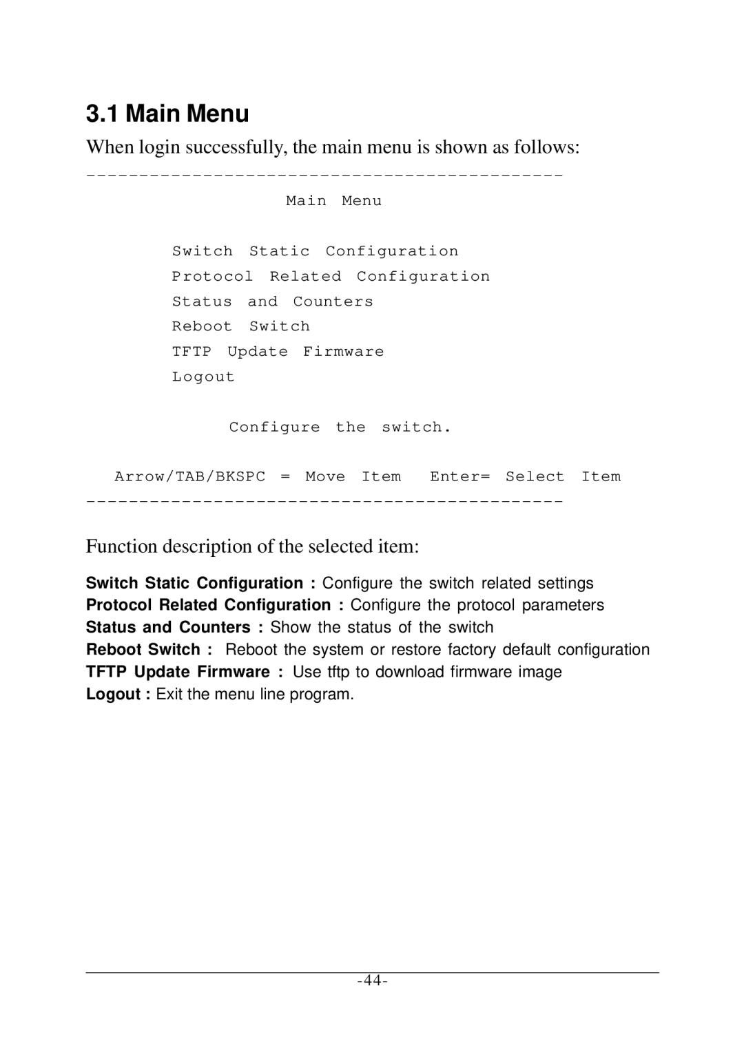 KTI Networks KS-2260 operation manual Main Menu, When login successfully, the main menu is shown as follows 