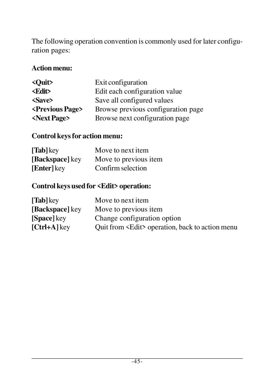 KTI Networks KS-2260 Action menu Quit, Edit, Save, Previous, Next, Control keys for action menu, Tab key, Backspace key 