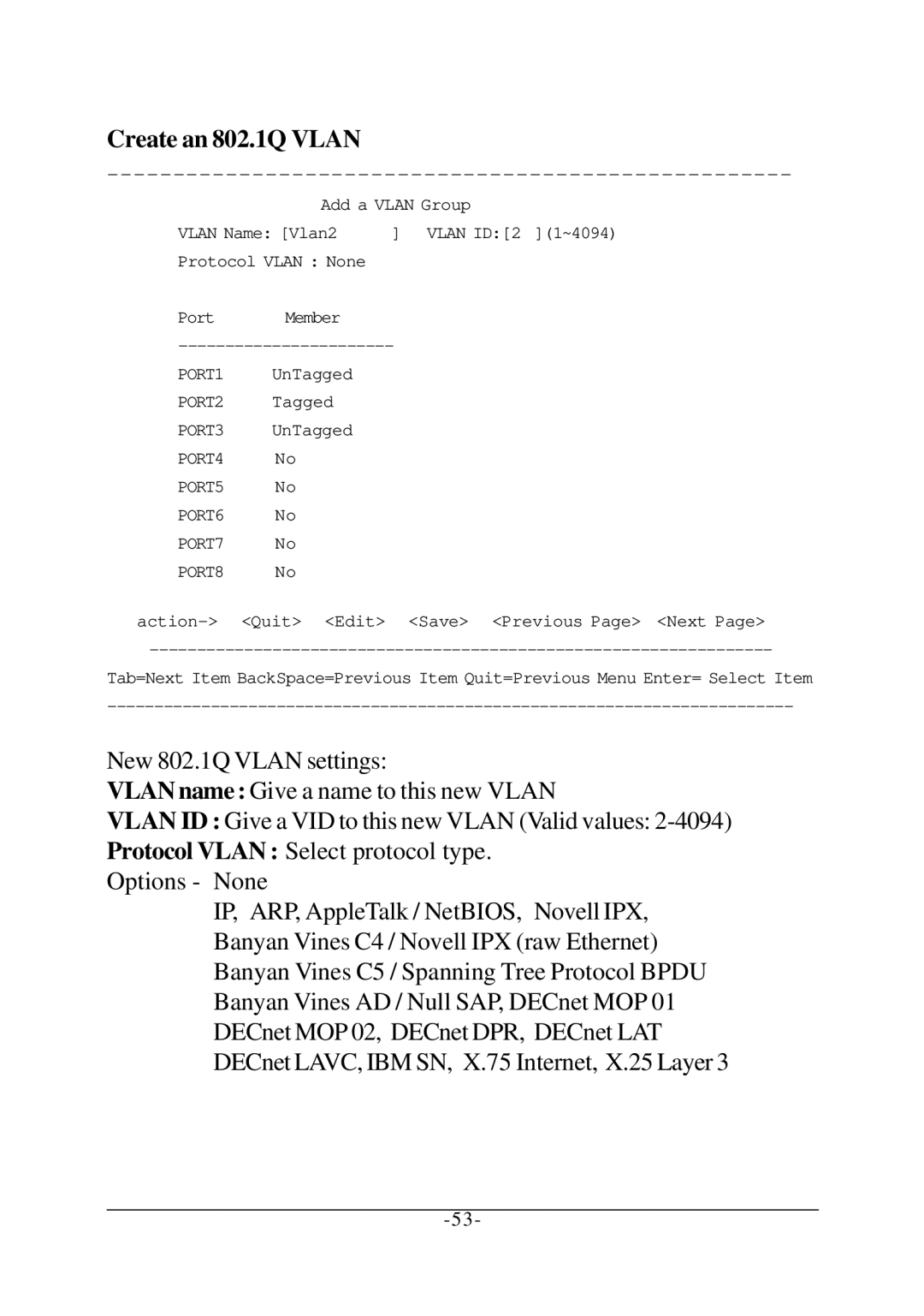 KTI Networks KS-2260 operation manual Create an 802.1Q Vlan, PORT4 PORT5 PORT6 PORT7 PORT8 