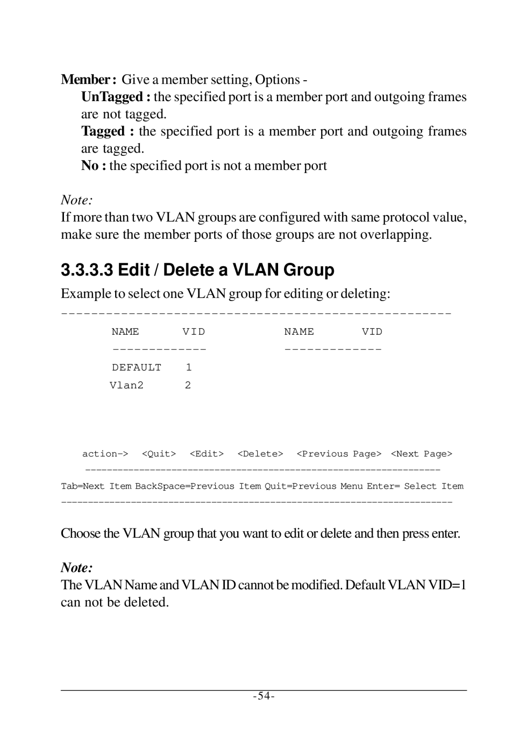 KTI Networks KS-2260 operation manual Edit / Delete a Vlan Group, Example to select one Vlan group for editing or deleting 
