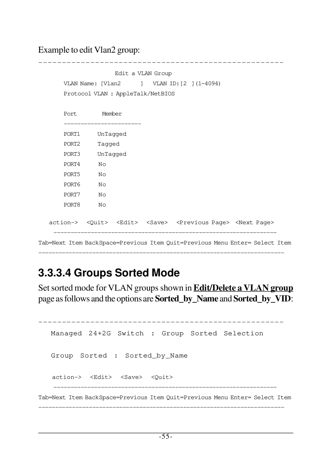 KTI Networks KS-2260 operation manual Groups Sorted Mode, Example to edit Vlan2 group 