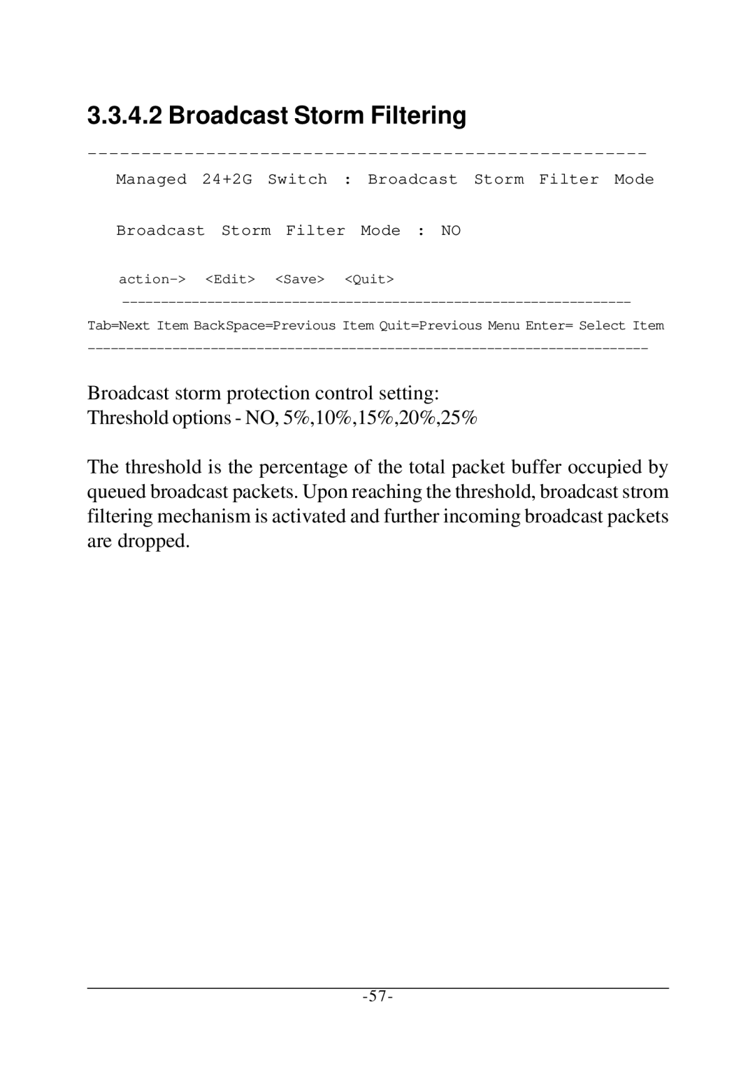 KTI Networks KS-2260 operation manual Broadcast Storm Filtering 