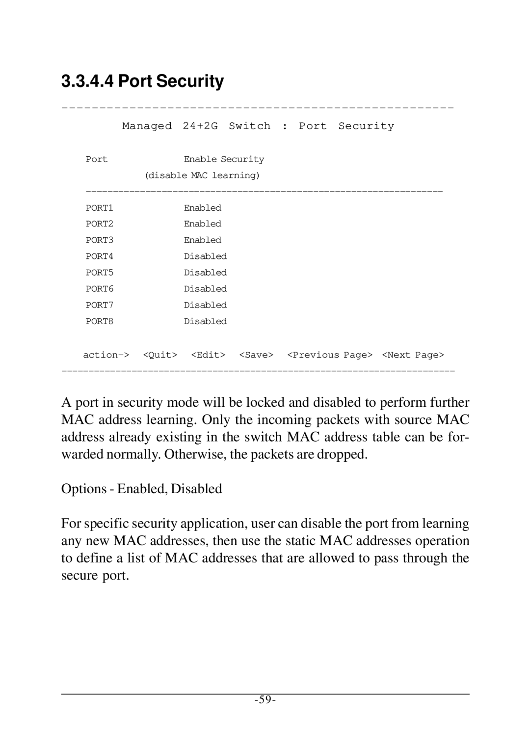 KTI Networks KS-2260 operation manual Managed 24+2G Switch Port Security 