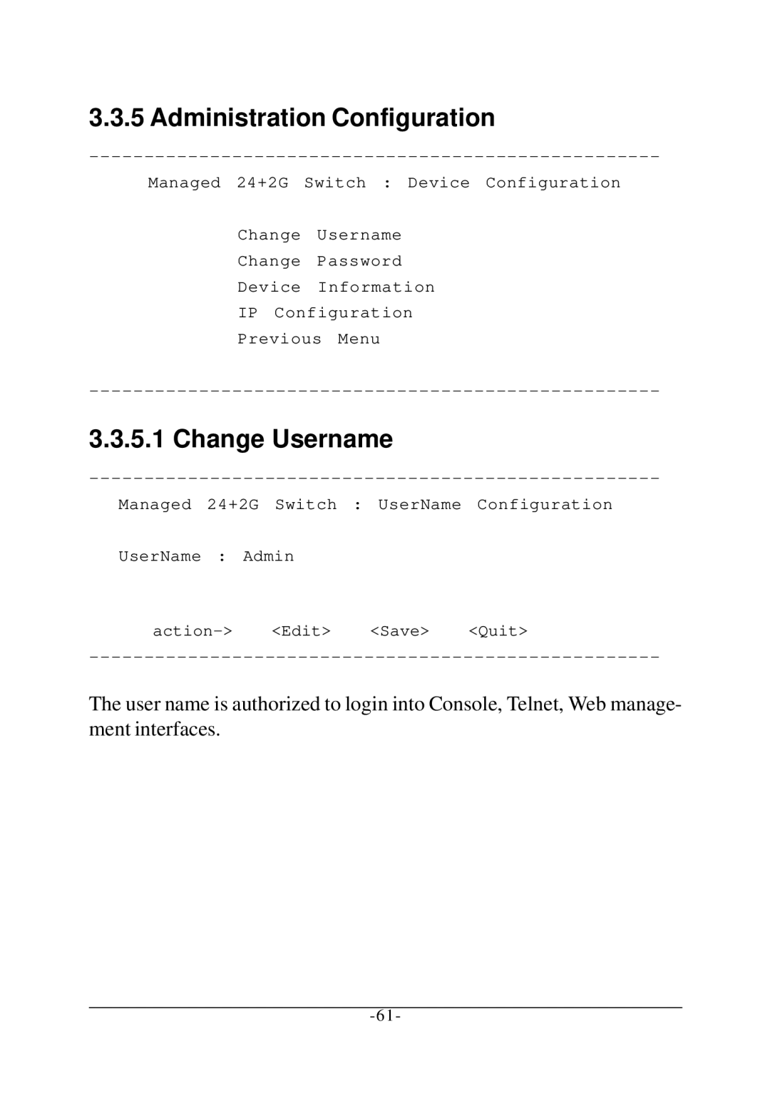 KTI Networks KS-2260 operation manual Administration Configuration, Change Username 