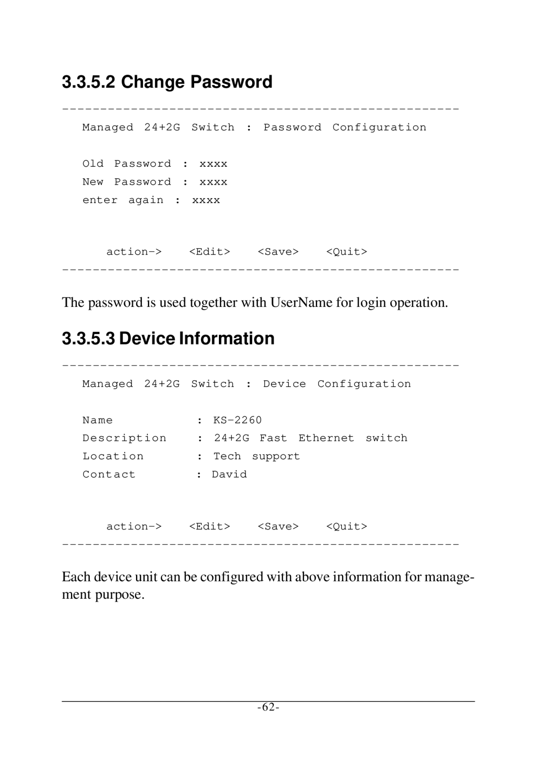 KTI Networks KS-2260 operation manual Change Password, Device Information 