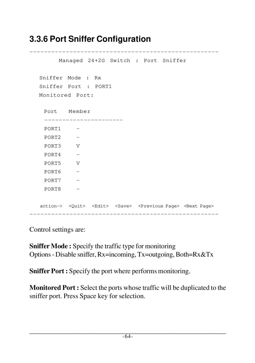 KTI Networks KS-2260 operation manual Port Sniffer Configuration 